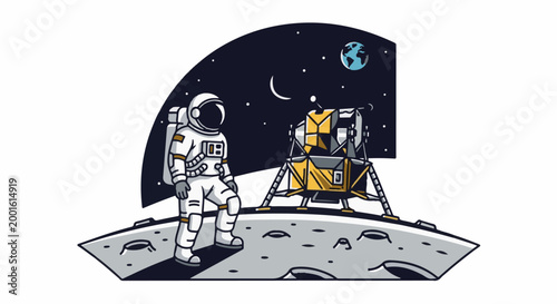 Astronaut stands on a moonscape next to a lunar module, Earth in the background