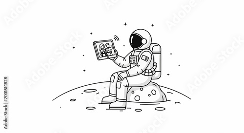 Astronaut on moon enjoys a video call with family, stars twinkle around