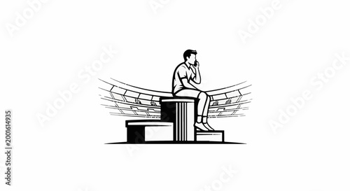 Athlete sits on podium, calls on phone, at stadium