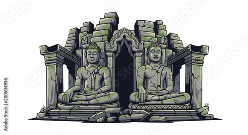 Ancient stone Buddhas in weathered temple ruins with moss