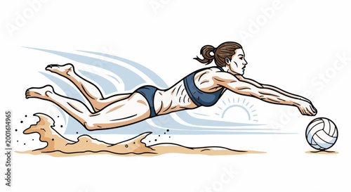 Athletic woman diving for volleyball on sandy beach during sunset