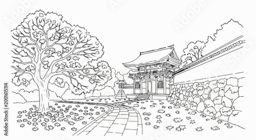 Autumn leaves carpet a path leading to a traditional temple gate