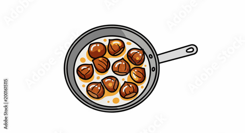 Animated cartoon of roasted chestnuts in a pan with a light yellow sauce
