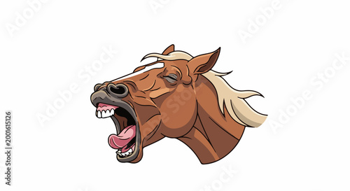 Animated brown horse head with mouth wide open, showing tongue and teeth