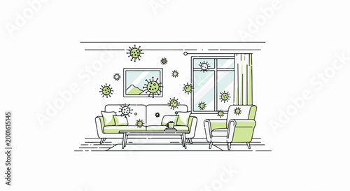 Animated virus particles fill a room with a couch, armchair, and window