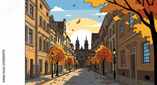 Autumn street with autumnal trees and a distant cathedral