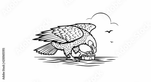 An eagle with outstretched wings pecks at a small object
