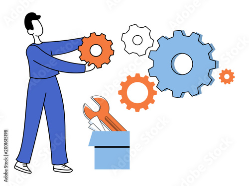 Man holding a gear near a toolbox vector illustration. Technical support, industrial maintenance, problem solving, repair, optimization, engineering. Technician with a cogwheel and tool kit.