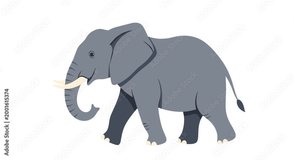Fototapeta premium Illustration of a large grey African elephant walking with its trunk curved and tusks visible on a clean white background for wildlife themes.