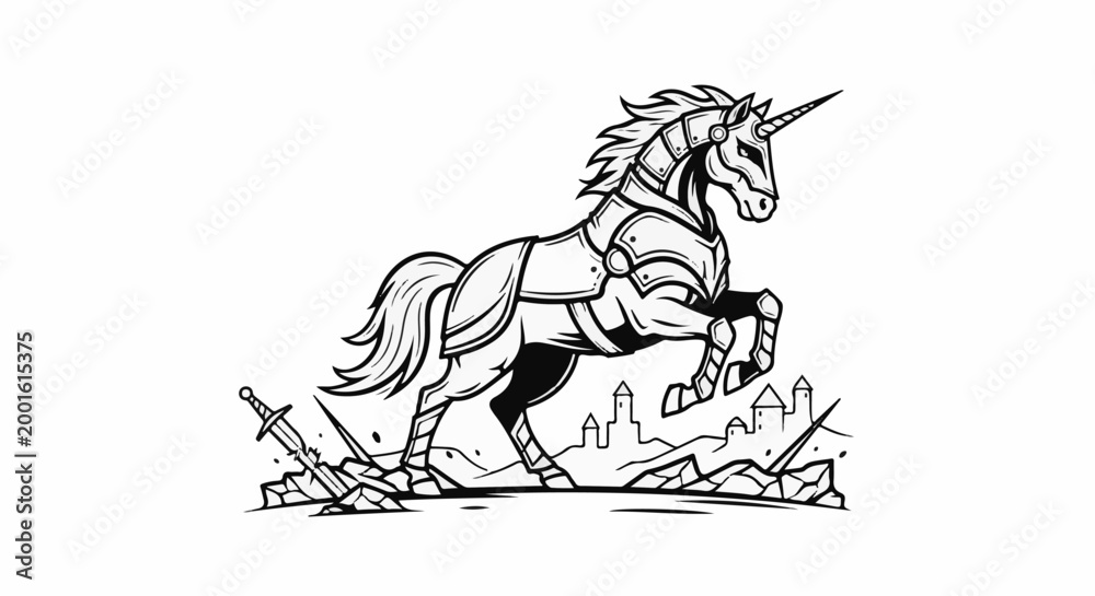 Obraz premium Armored unicorn rears up from battle, a broken sword lies at its feet