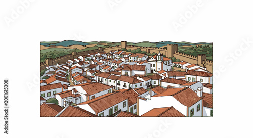 An aerial view of a fortified town with terracotta roofs and surrounding hills