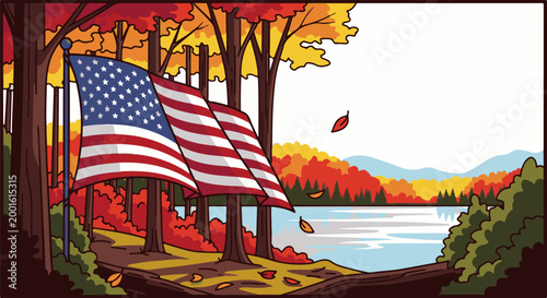 American flag flies among autumn trees beside a tranquil lake