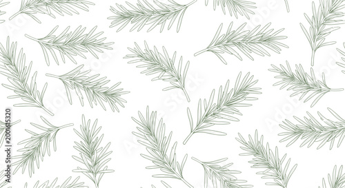 Seamless pattern featuring delicate hand-drawn rosemary sprigs in a light green line art style on a clean white background for fabrics.