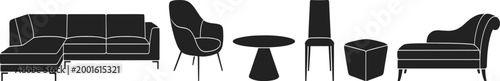 Set of black silhouette furniture icons, including sectional sofa, armchair, table, chair, ottoman, and chaise lounge.