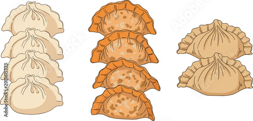 Set of stacked steamed and fried dumplings in various styles including pierogi empanada and baozi isolated on white background detailed vector illustration