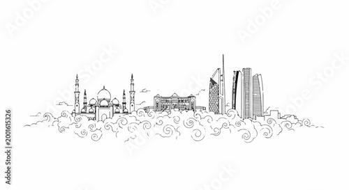 Architectural sketch of a cityscape with mosques and modern towers emerging from clouds