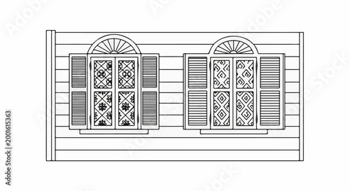 Architectural illustration of two decorative windows with shutters and arched tops