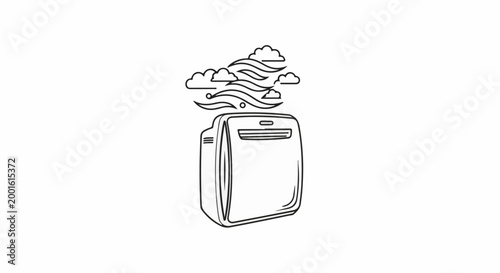 Air purifier emitting clean air and clouds, stylized line art
