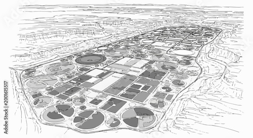 Aerial view of a large industrial complex with circular and rectangular tanks