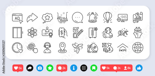 Global insurance, Air balloon and Chemistry atom line icons pack. Social media: share, comment, like icons. Reminder, Refrigerator, Delivery service web icon. Vector