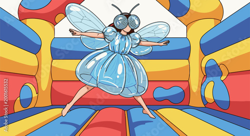 Artistic cartoon of a child in a blue balloon dress with butterfly wings jumping
