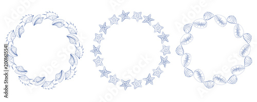 Sea shells and starfish circle frames set. Mediterranean blue vintage ink line art. Vector hand drawn illustration for cosmetics, underwater themes, nature branding, postcards with blank copy space