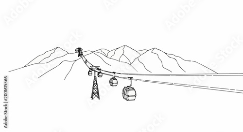 Aerial tramway cabins traverse mountainous terrain under a clear sky