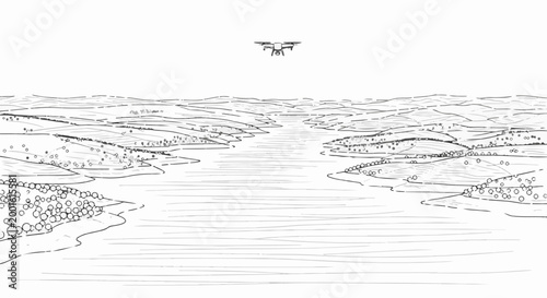 Aerial drone surveys a winding river valley with rolling hills and sparse trees