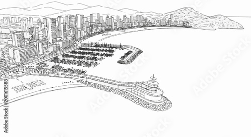 Aerial sketch of a coastal city with a marina and lighthouse