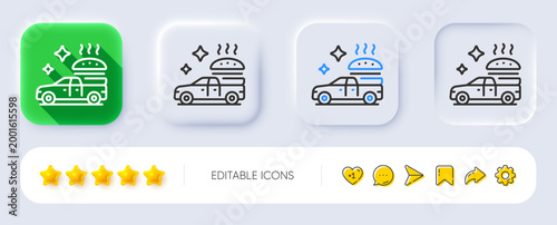 Food delivery line icon. Neumorphic, Flat shadow, 3d buttons. Pickup transport sign. Restaurant service symbol. Line food delivery icon. Social media icons. Vector