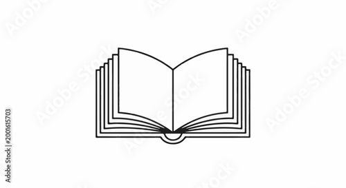 An open book with visible pages and a spine is drawn in black outline
