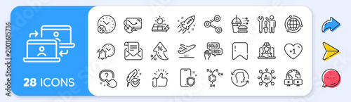 Question button, Globe and Computer mouse line icons. Interest rate, AI generate, Inflation icons. Pack of Plane, Startup rocket, Outsource work icon. Vector