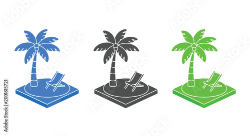 Colorful digital illustration of three palm trees on islands in blue black and green tones representing tropical