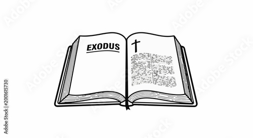 An open book with the word Exodus on the left page and a cross