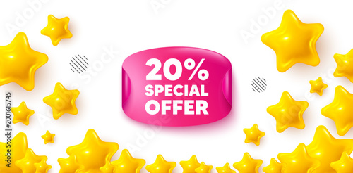 Discount sticker stars banner. 3d stars background. 20 percent discount offer tag. Sale price promo sign. Special offer symbol. Winner sparkle banner. Promo background. Vector