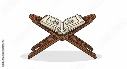 An open book rests on an ornate wooden stand, with Arabic calligraphy visible