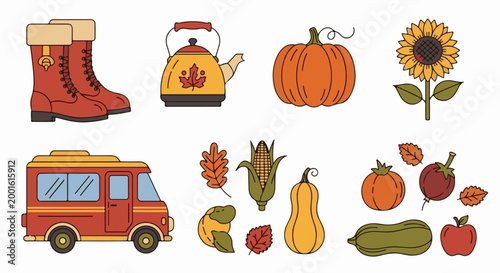 Assorted autumn harvest illustrations boots, kettle, pumpkins, sunflower, van, corn, squash, fruits, leaves