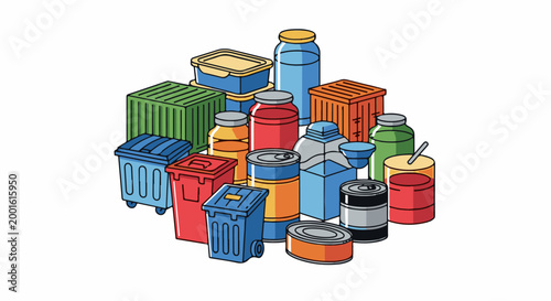 Assorted colorful containers, bins, and jars, some resembling trash receptacles