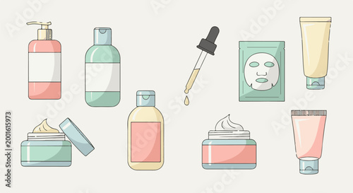 Assorted cosmetic products including creams, lotions, and face masks