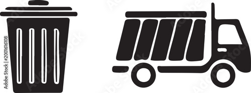 Foto Garbage disposal and waste management icons showing trash bin and refuse collection truck