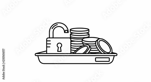 An unlocked padlock sits beside stacks of coins on a rectangular tray