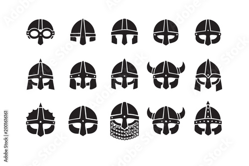 Viking Helmet Vector Icons Set, Medieval Warrior Headgear Silhouette
