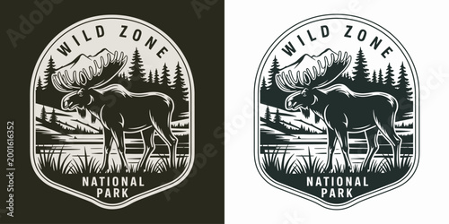 Wild moose in forest landscape badge for national park apparel design.