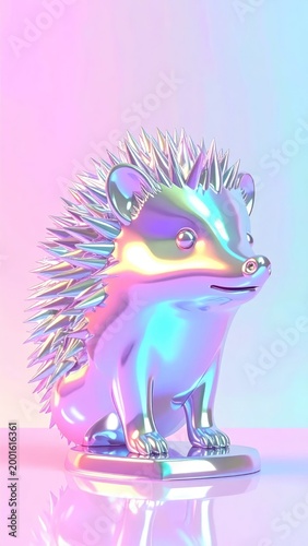 A vibrant, iridescent hedgehog statue with sharp spines, set against a gradient backdrop