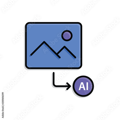 Image Input icon. Image frame and arrow go to AI node. Work flow, automation, Engine. Isometric design style.