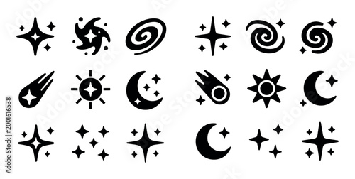 Celestial symbols depicting stars moons and comets