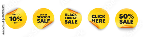Discount tag sticker tag. 50 percent discount, Black friday paper price banners. Up to 10 percent off sale. Discount offer price sign. Special offer symbol. Save 10 percentages. Vector