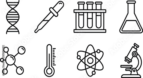 Science lab icons set featuring dna strand pipette test tubes flask molecule thermometer atom and microscope research.