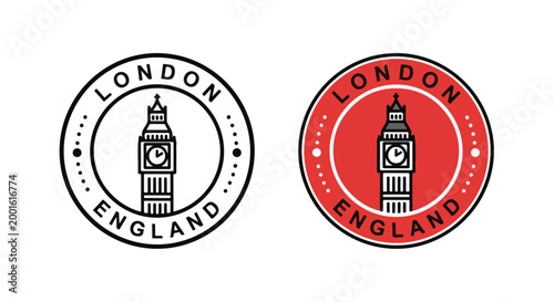 Two circular London England stamps featuring Big Ben clock tower with one stamp in black and white and the other in red