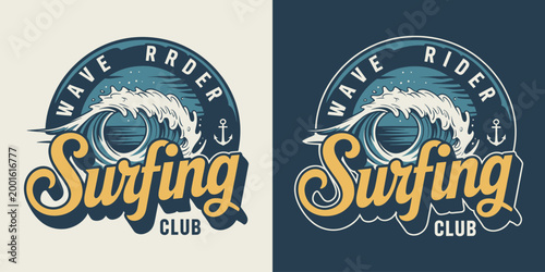 Wave rider surfing badge with sea crest and anchor for summer vacation.